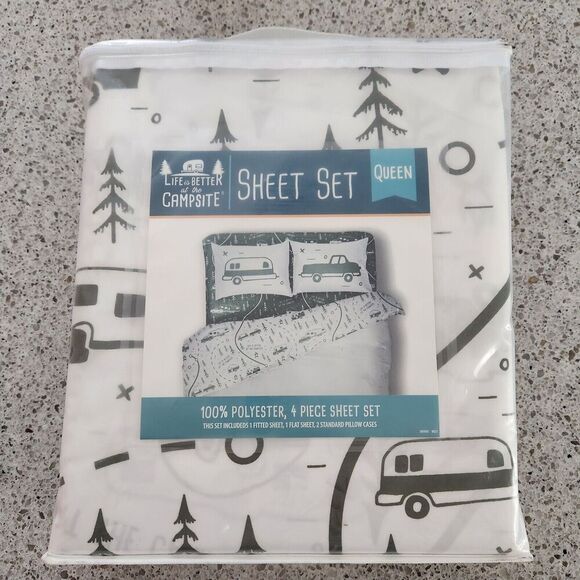 Camco RV Bed Sheet Set Short Queen Size Sheets 'Life is Better at The Campsite" - Picture 1 of 4